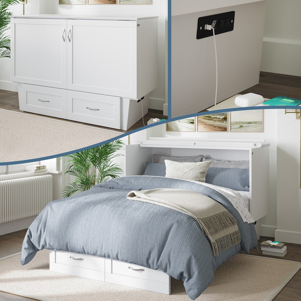 Monroe Full Murphy Bed Chest with 6" Mattress, Storage Drawer & Built-In Charger in White