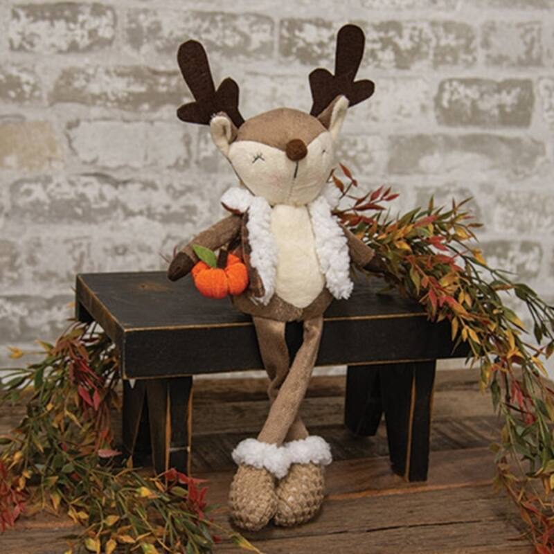 Fall Deer Plush Figure with Plaid Jacket and Pumpkin Decor - 5” x 3” x 14.50”