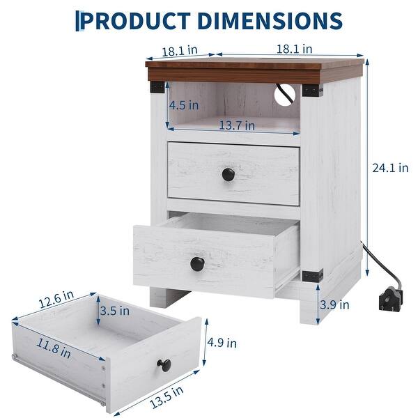 Modern Farmhouse Nightstand Set of 2 with Charging Station, 2 Drawer Rustic Bedside Table with USB Ports & Outlets