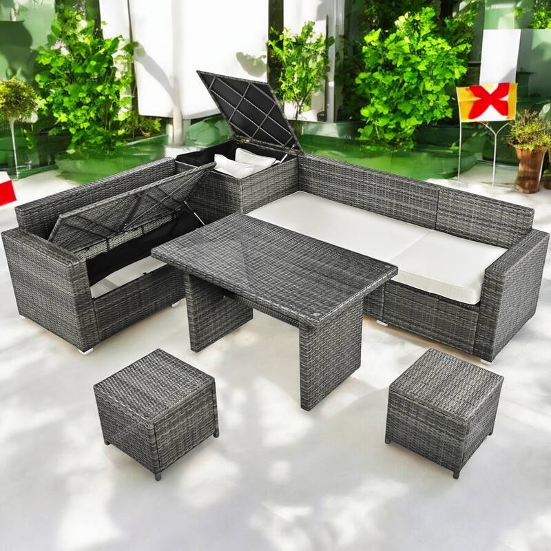 6-Piece Outdoor All-Weather PE Rattan Sofa Set with Adjustable Seating, and Glass Table for Patio, Garden, or Backyard