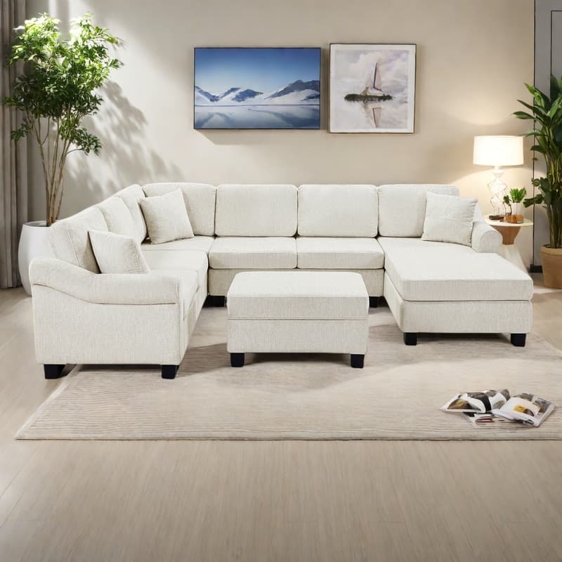 111.8" Chenille U-Shaped Sectional Sofa with Storage Ottoman (6-Seat) - White