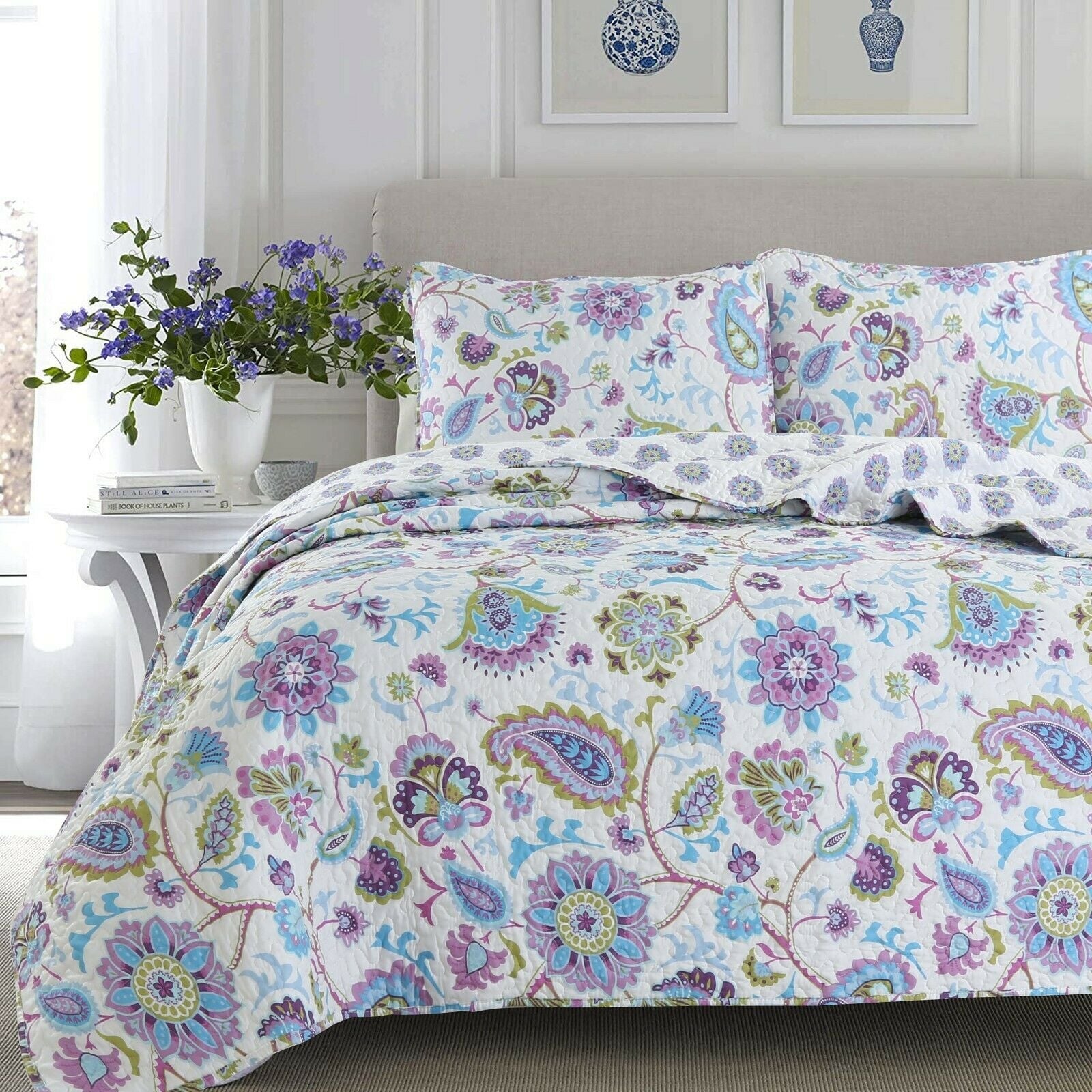 Cozy Line Home Fashions Lavender Orchid Flower Garden Ruffle Lace Stripe  3-Piece Shabby Chic Purple Blue Cotton King Quilt Bedding Set BB01005367BK  - The Home Depot