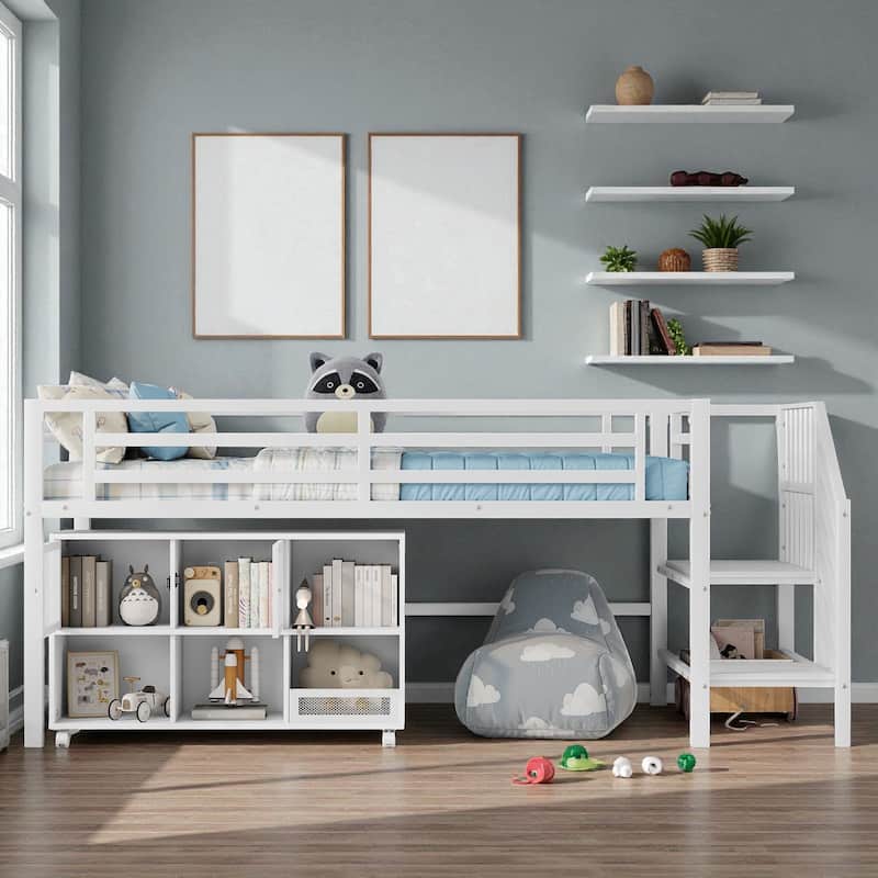 Low Twin Metal Loft Bed with Stairs and 6 Storage Cubbies, Space-Saving Kids Loft Bed Frame - White - Twin