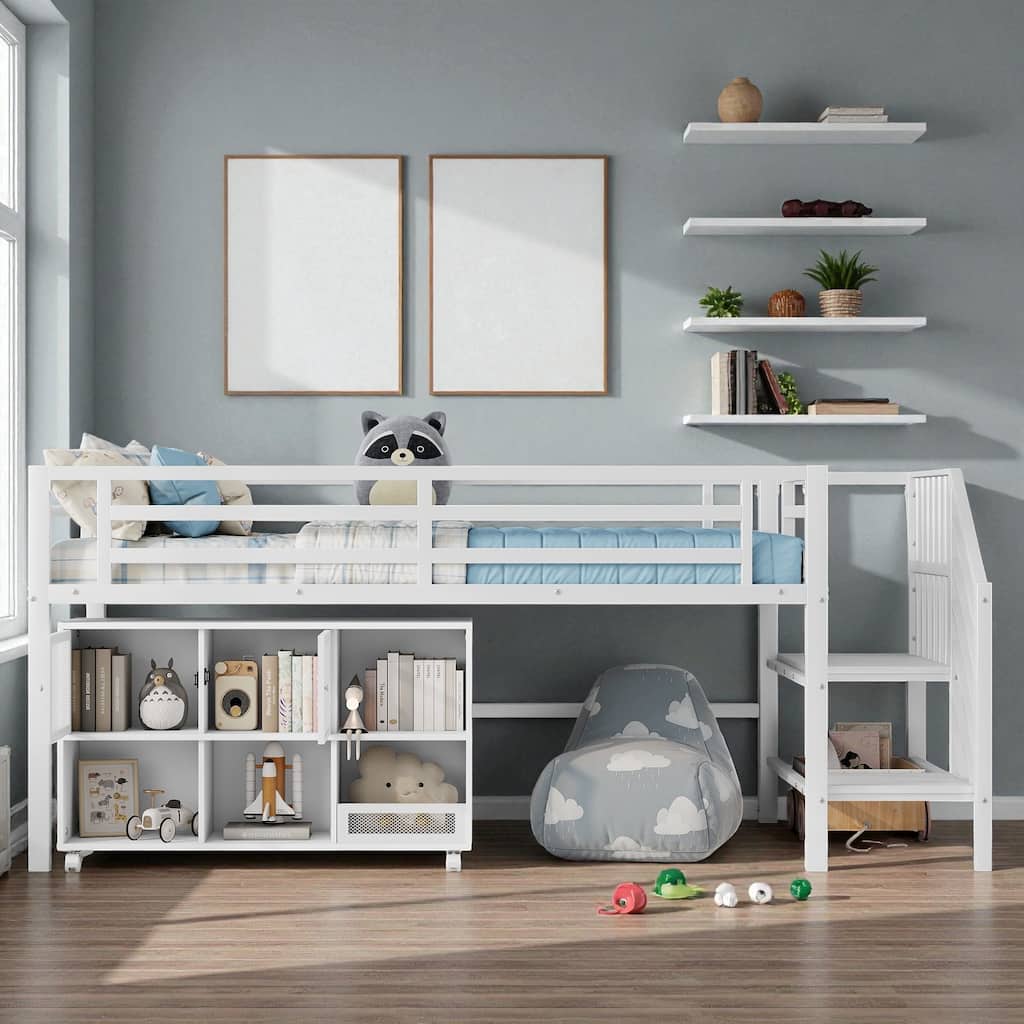 Low Twin Metal Loft Bed with Stairs and 6 Storage Cubbies, Space-Saving Kids Loft Bed Frame