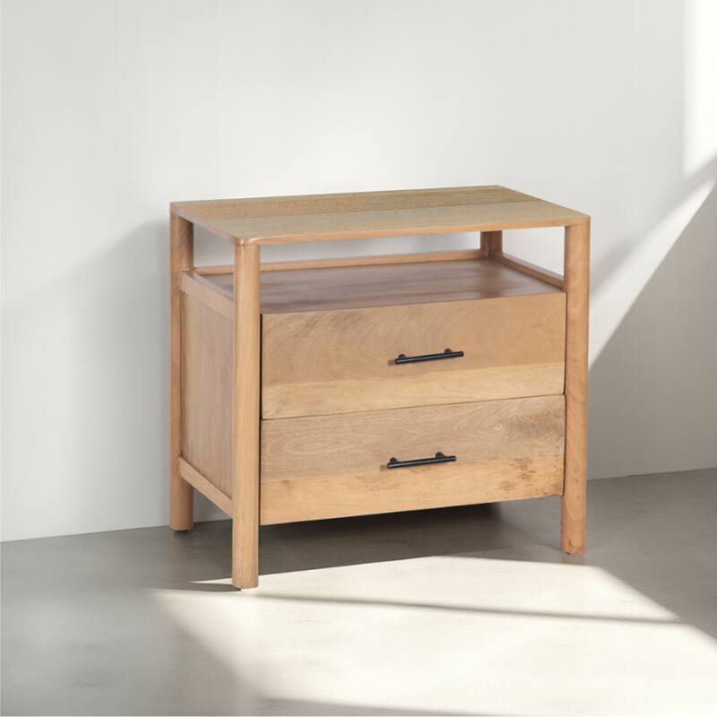 Geti 29 Inch Bedside Nightstand Table, Handcrafted Natural Oak White Mango Wood, 2 Drawer, Open Shelf - Natural Oak White, Black