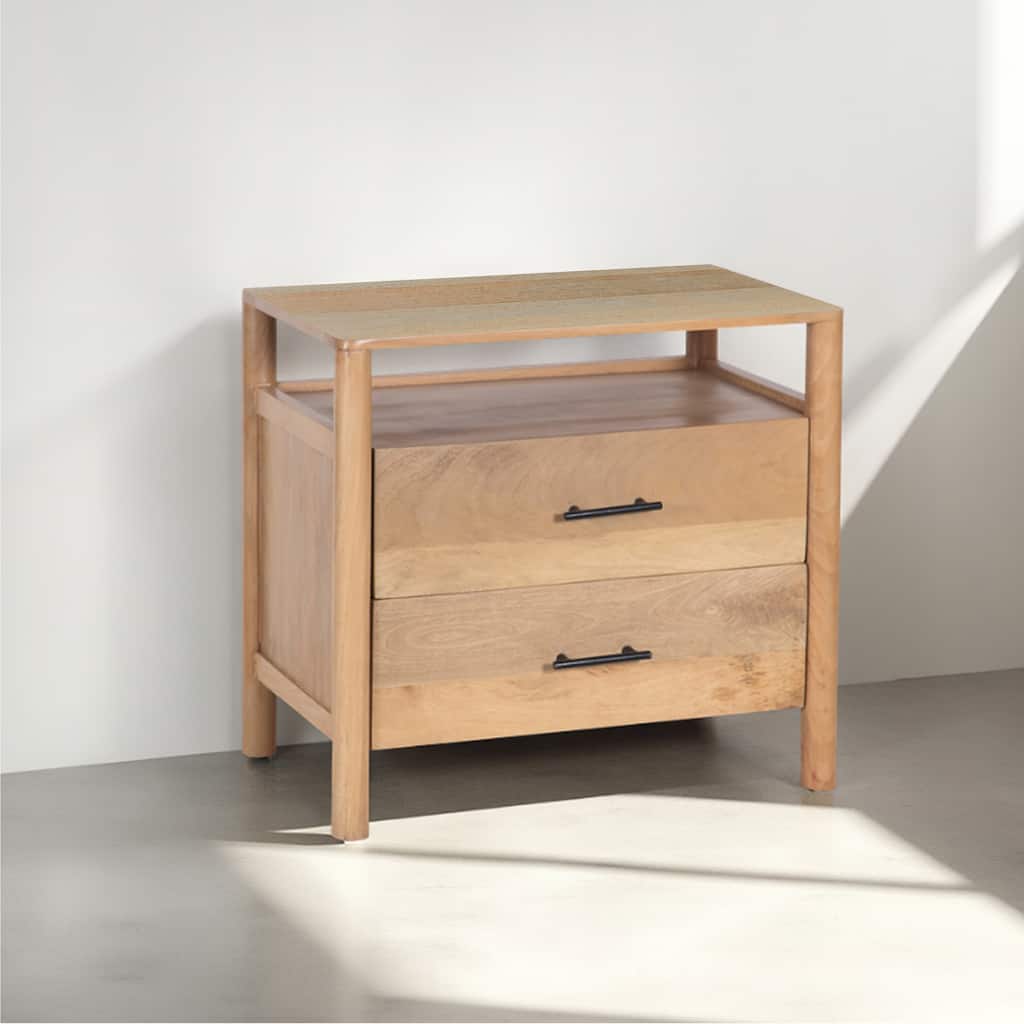 Geti 29 Inch Bedside Nightstand Table, Handcrafted Natural Oak White Mango Wood, 2 Drawer, Open Shelf