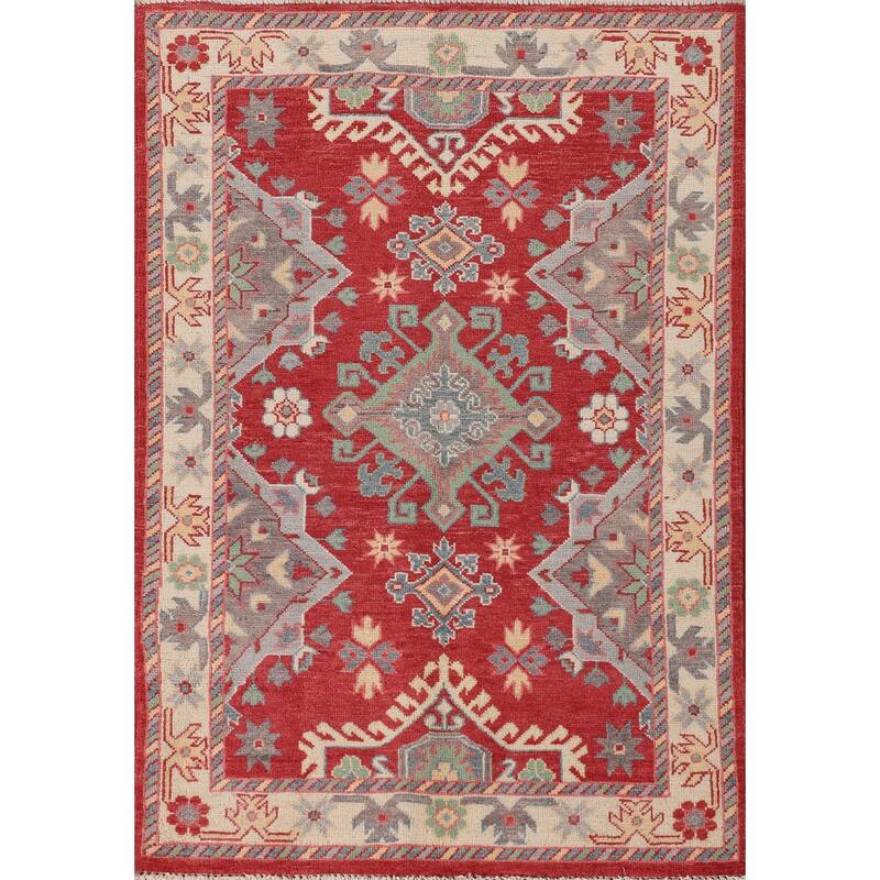 Red Kazak Accent Rug Handmade Geometric Wool Carpet - 3'4"x 4'8"