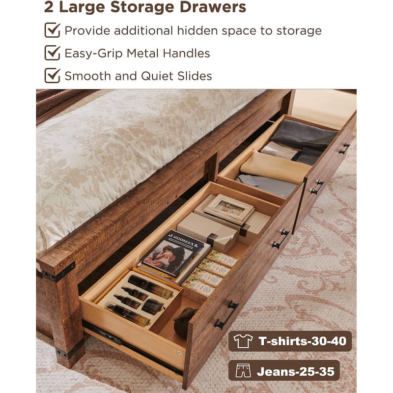 Farmhouse Wood Bed Frame with 54" Tall Headboard, 2 Large Drawers