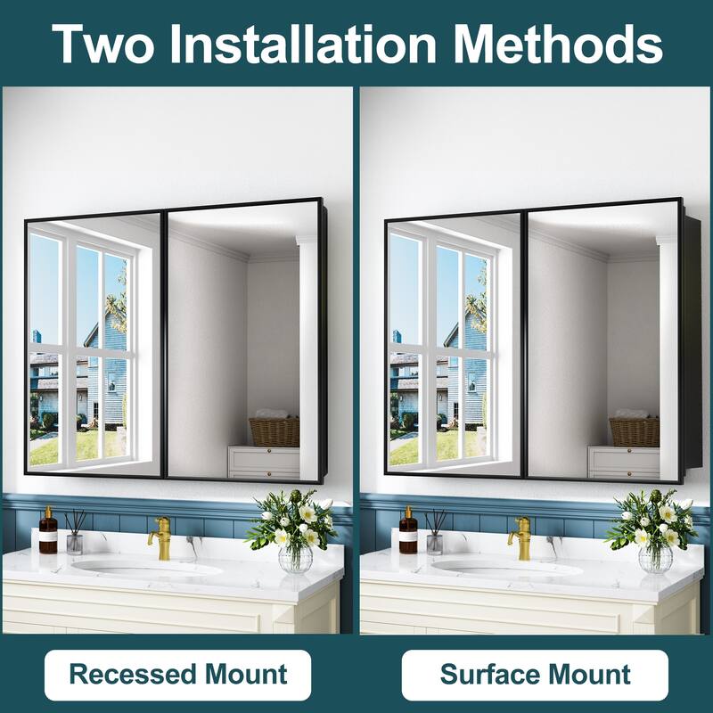 Elise Iron Medicine Cabinet with Mirror, Adjustable Shelves, Recessed or Wall Mount