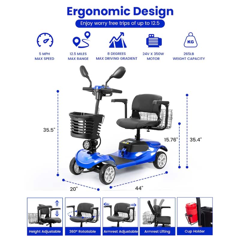 Folding Portable Mobility Scooter，Long-Range Battery Motorized Scooter for Seniors