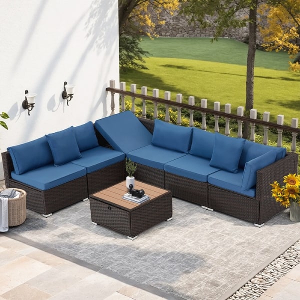 slide 2 of 68, EROMMY 6/7 Piece Modular Outdoor Rattan Sofa Set, All-Weather Wicker Patio Furniture with Storage Table, Cushions & Pillows 7 Pcs - Blue