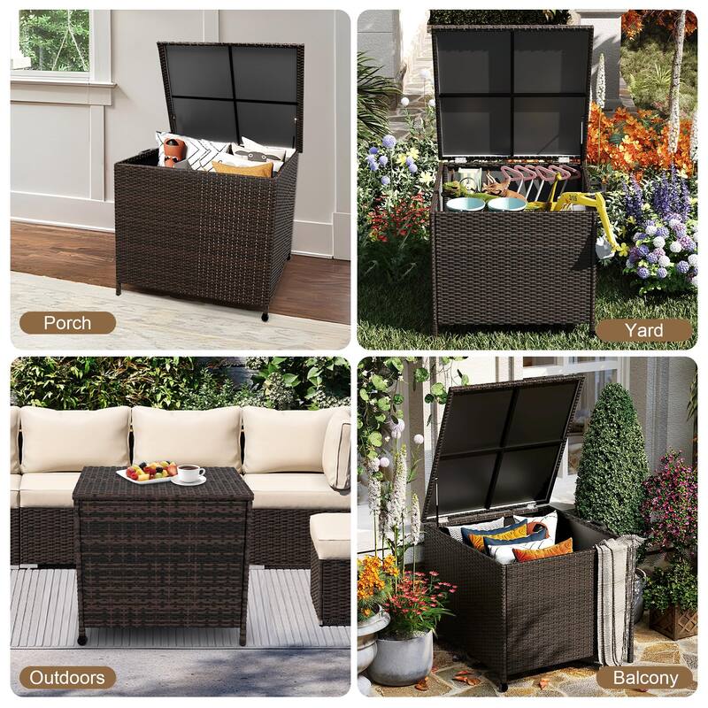 Outdoor Storage Box, 80 Gallon Rattan Deck Box with Support Frame and Wheels - 80 Gallon