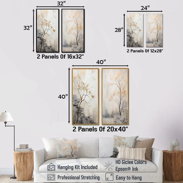 Designart "Minimalism Calm River Forest" Forest River Framed Wall Art Set Of 2 - Traditional Beige Wall Decor 2 Pieces