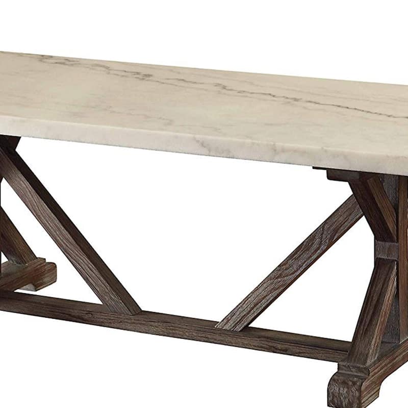 Marble Rectangle Shaped Coffee Table with Wooden Trestle Base, White and Espresso Brown