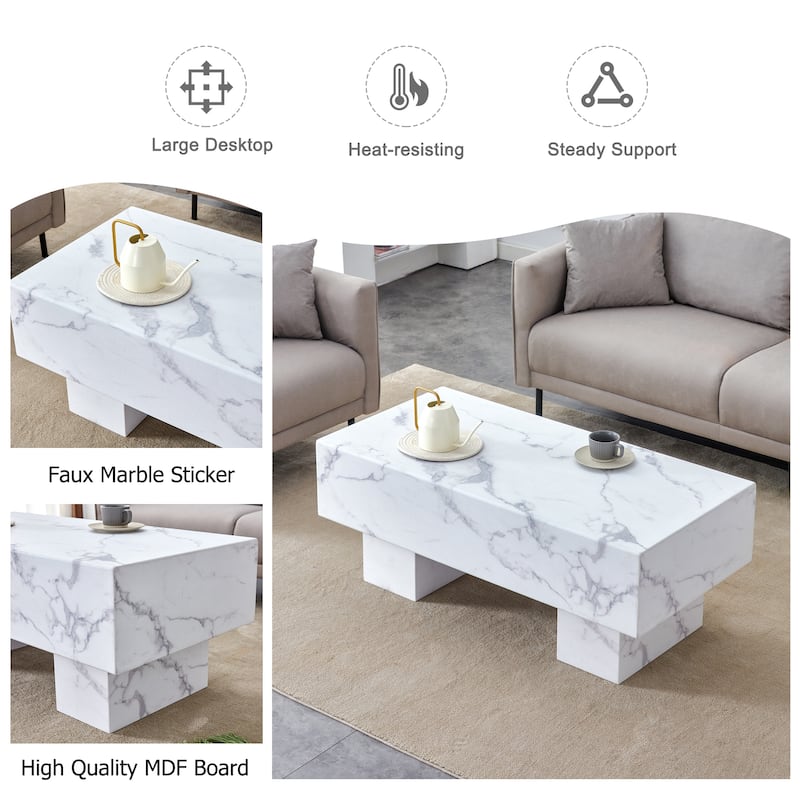 Modern Simple White Marble Texture Coffee Table with White Marble Texture Stickers Support Legs, for Living Room