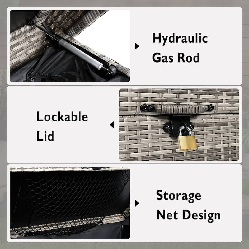 230 Gallon Wicker Deck Box Outdoor Storage with Wheels and Lockable Lid