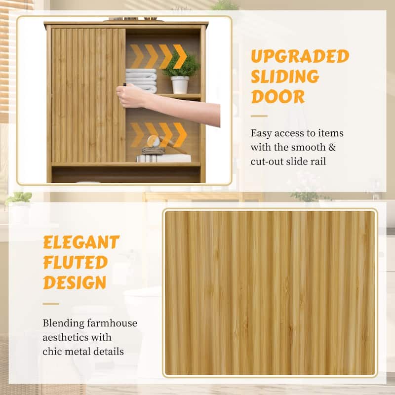 VEIKOUS Bamboo Over-The-Toilet Storage Cabinet with Upgraded Sliding Door