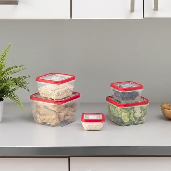 Home Basics 5 Piece Spill-Proof Rectangular Plastic Food Storage Container  with Ventilated, Snap-On Lids, Red, FOOD PREP