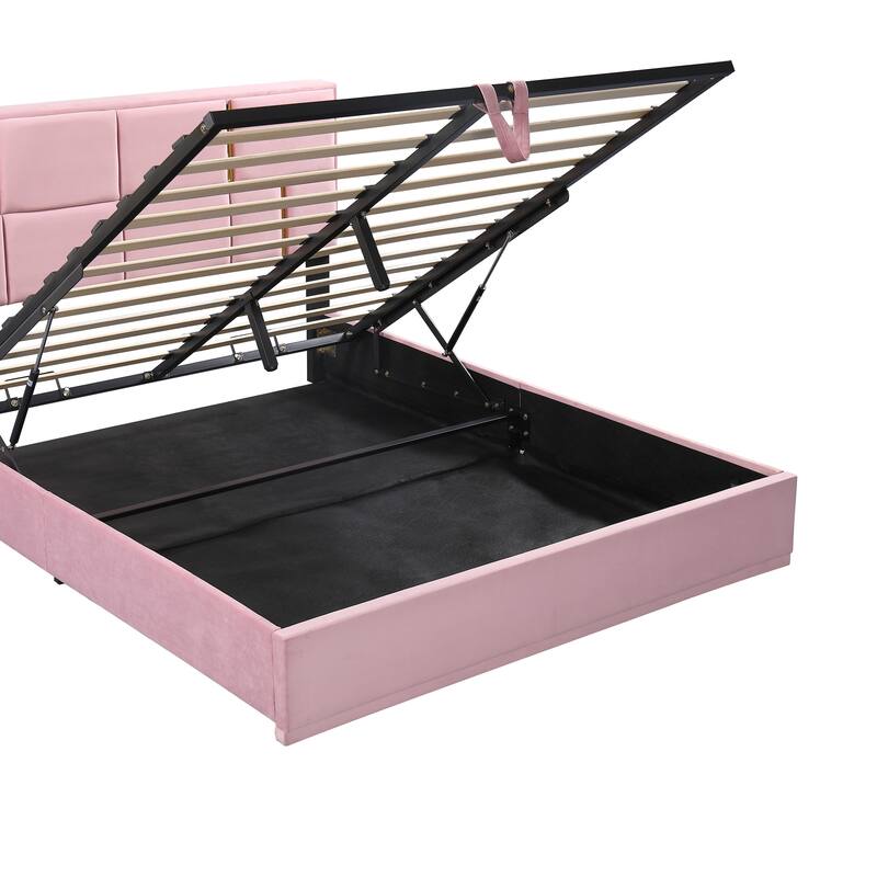 Queen Size Hydraulic Storage Platform Bed with Rectangular Pattern Headboard & Storage Underneath, Noise Free Bed Frame