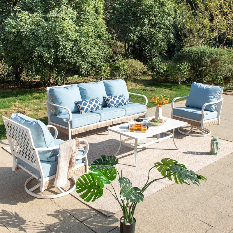 MAISON ARTS 5-Seat Patio Furniture Set, 2 x Cushioned Metal Chair, 1 x 3-Seat Sofa with Marbling Coffee Table