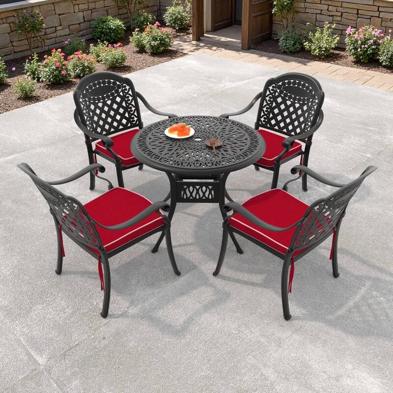 3/5-Piece Cast Aluminum Outdoor Dining Set with 35.43 in. Round Table and Seat Cushions - Black( 5-Piece Sets-B)