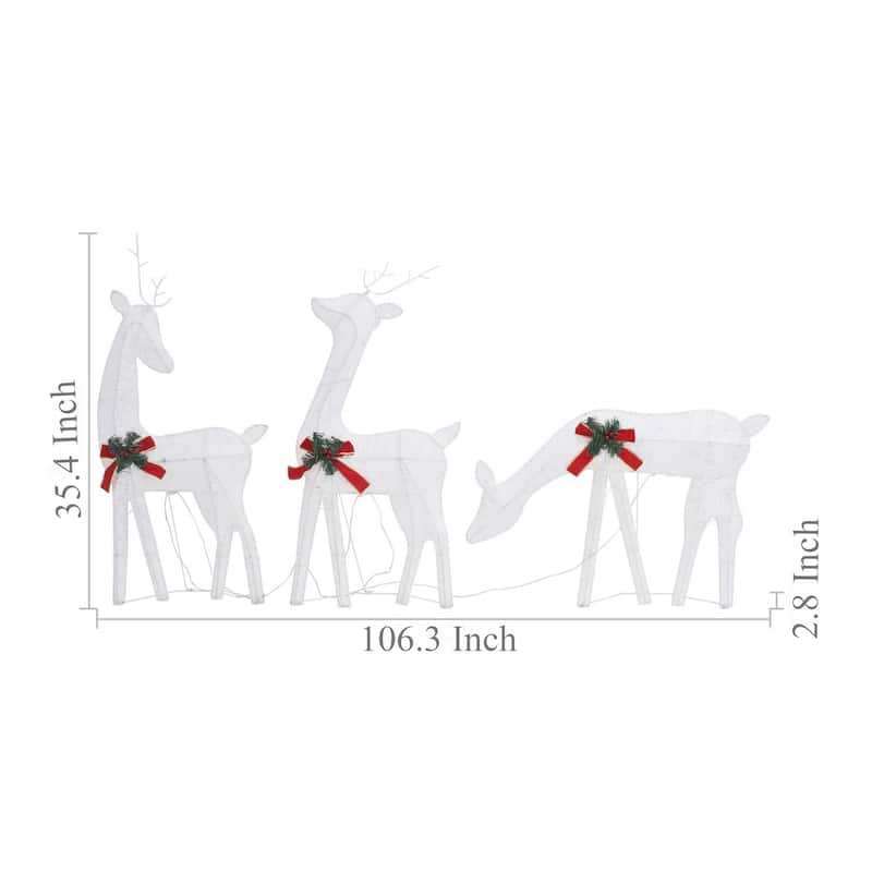 Outdoor 3 Reindeer Christmas Decoration, 90 Cool White LEDs, Steel - Cool White, Red