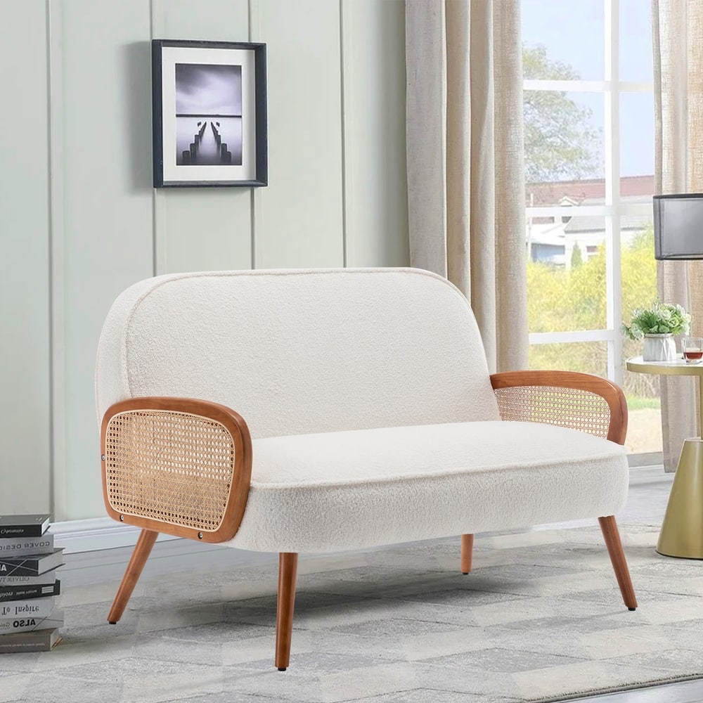 41" W Small Loveseat with Natural Rattan Arms,Upholstered Modern Mini Sofa Couch Love Seat Settee Bench with Back