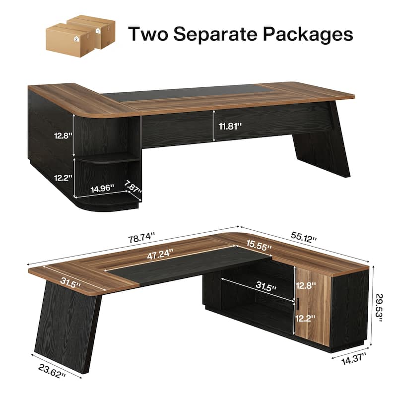 79 Inch Office Executive Desk with File Cabinet, L-Shaped Corner Desk with Storage Shelves for Home Office