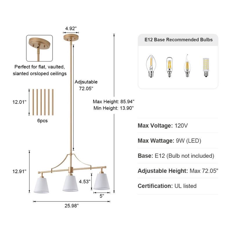 3 Light Linear Island Chandelier Deep Gold Painted Iron Frame Off White Fabric Shades