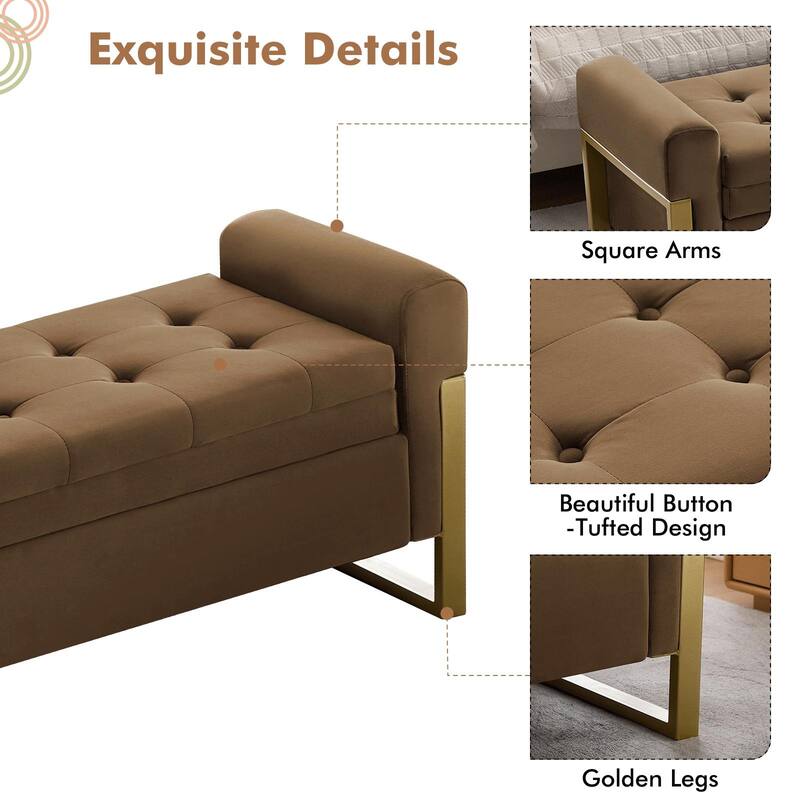 66" Storage Bench for Bedroom End of Bed with Single Lids and Gold Legs