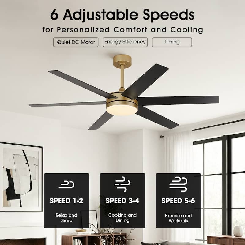 60" Transitional Brass Reversible Blades Smart Ceiling Fan with Dimmable LED Light and Remote