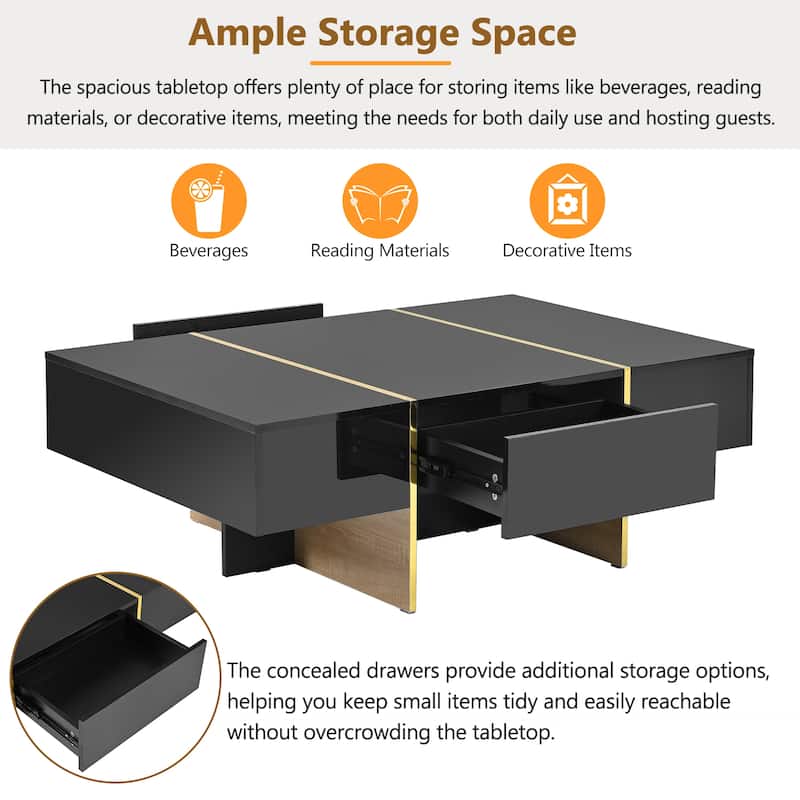 Roomfitters Modern High Gloss Coffee Table with Golden Wood Grain Legs, Rectangle Center Table with Storage