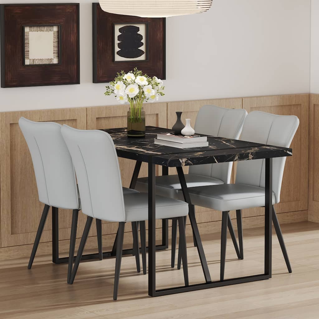 Table and chair set,Modern Marble Pattern MDF Dining Set - with 4 PU chairs with a vertical stripe design on the backrest