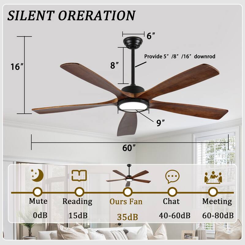 60-Inch Ceiling Fan with Light, 5 Solid Wood Blades, Downrod Mount for Sloped Ceiling ≤15°, Quiet Reversible DC Motor