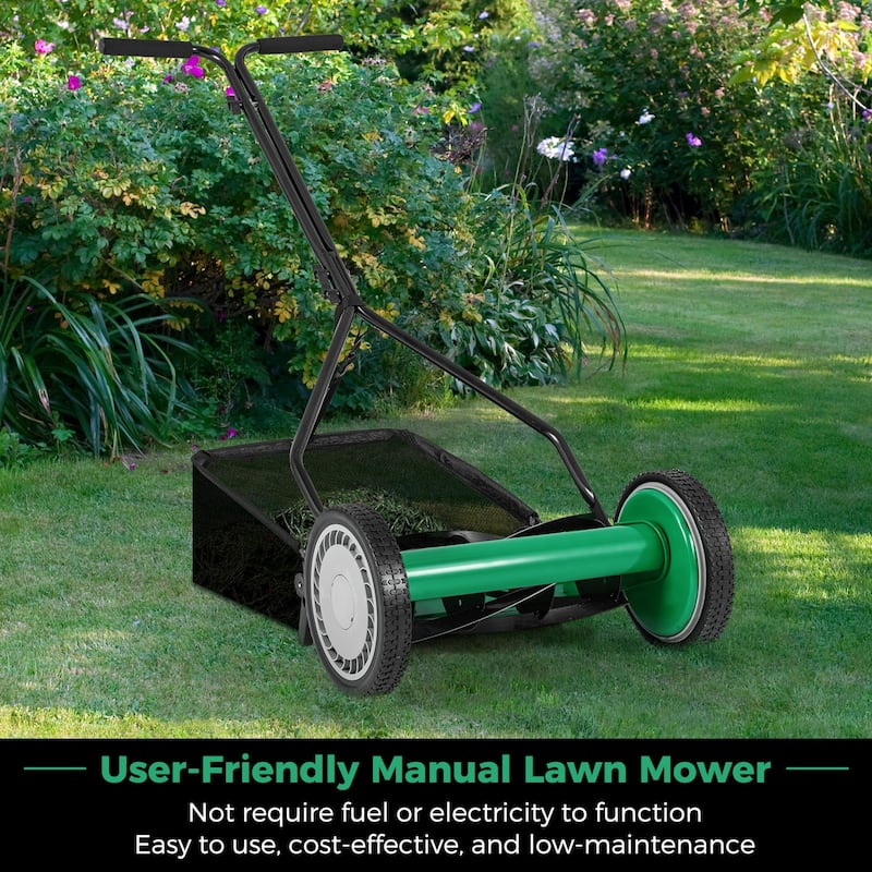Gymax 14'' Manual Reel Mower w/ 5-Blade 6.6 Gallon Removable Grass