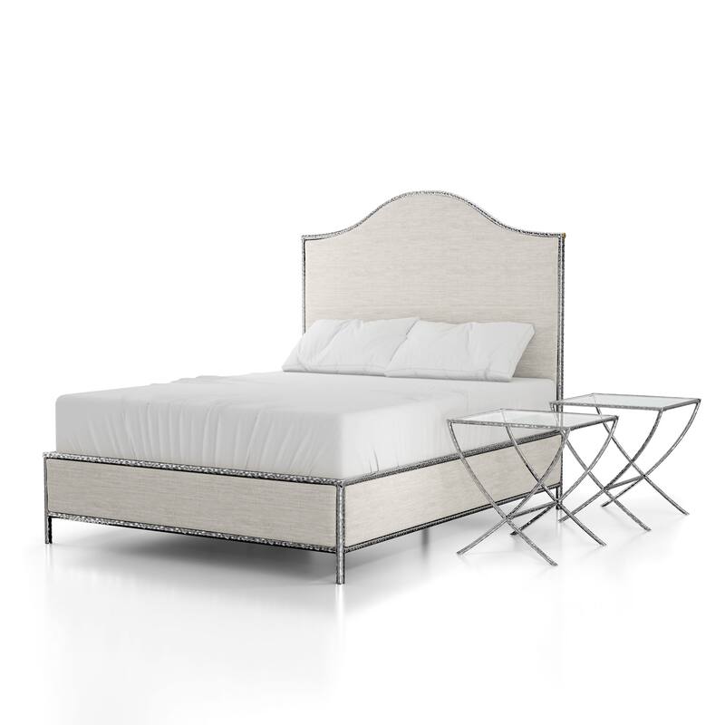 Furniture of America Zayen Modern 3-Piece Upholstered Queen Size Hammered Metal Camelback Bedroom Set with 2 Nightstands - Silver