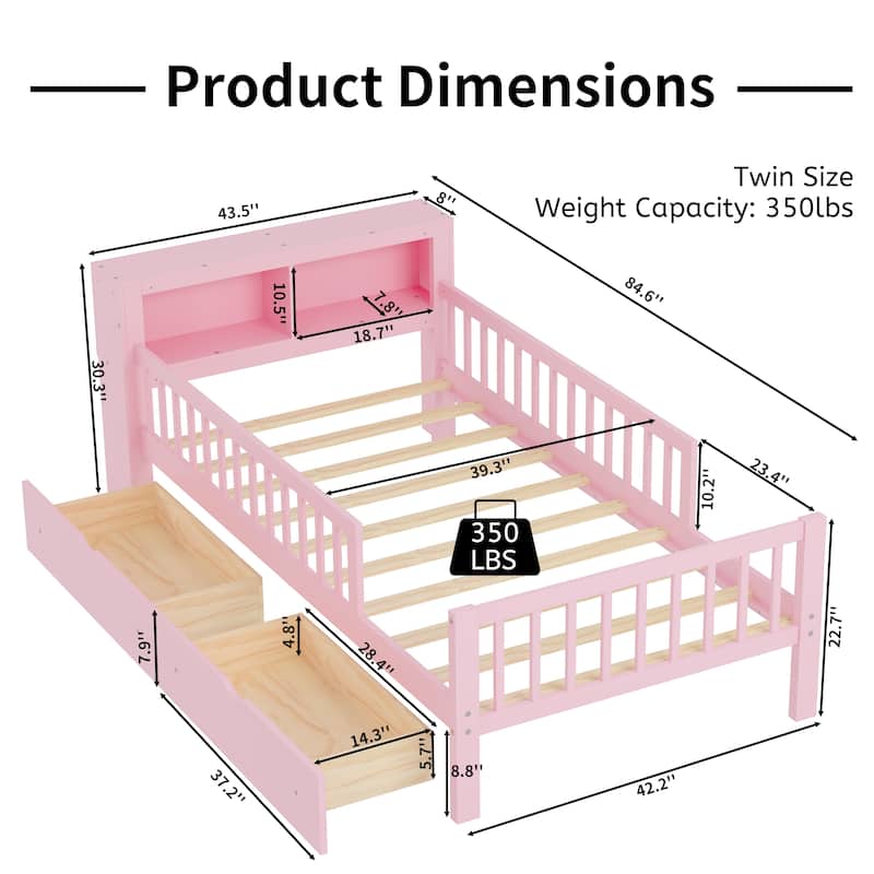 Twin Size Bed with Headboard Storage Rack for Safety