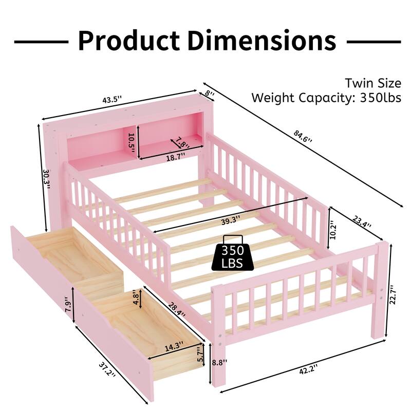 Twin Wood Storage Bed with 3-Side Guardrails, Underbed Drawers & Headboard Storage