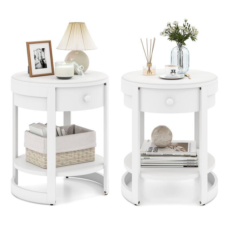 Gymax 2PCS Nightstand w/ Shelf & Wood Grains Drawer Round End Table - White - 1-drawer