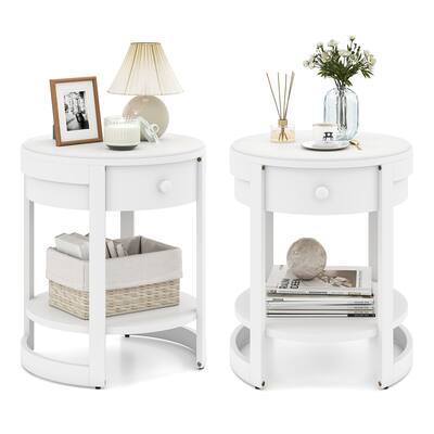 Gymax 2PCS Nightstand w/ Shelf & Wood Grains Drawer Round End Table