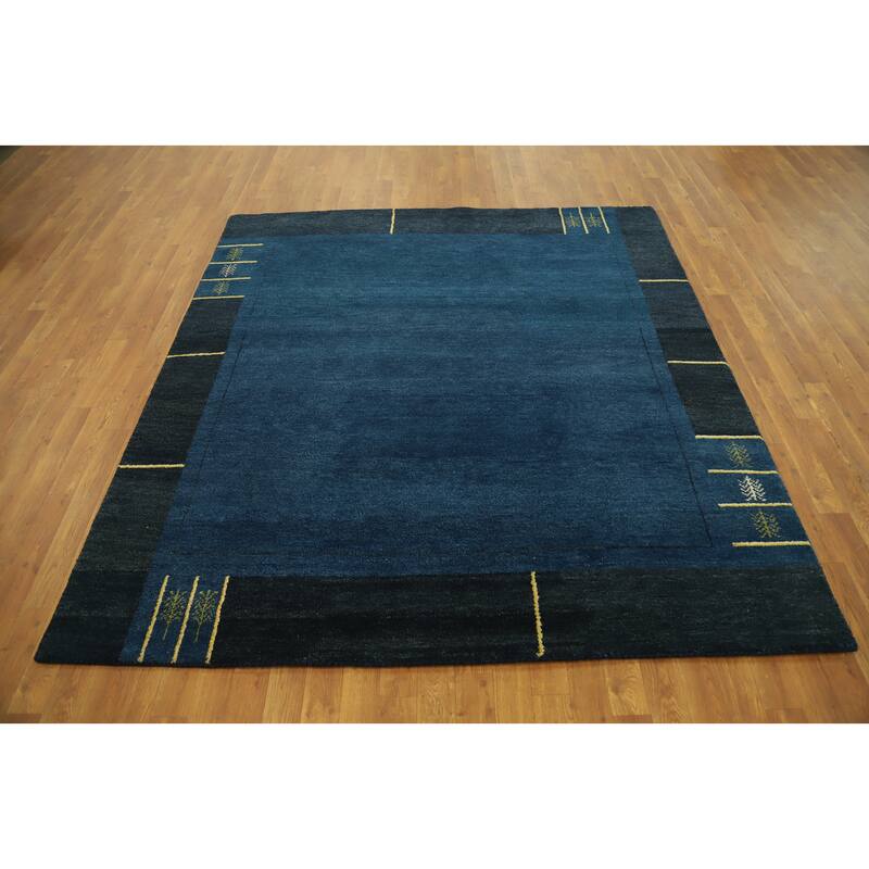Hand Knotted Oriental 100% Wool Carpet Modern Bordered Navy Blue & Blues Gabbeh Area Rug - 6' 9'' X 6' 3''