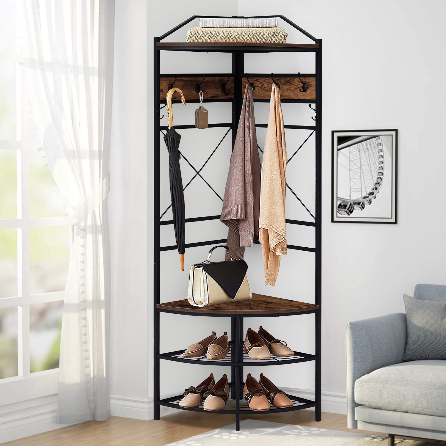 Industrial Corner Hall Tree for Entryway Coat Rack with 8 Double