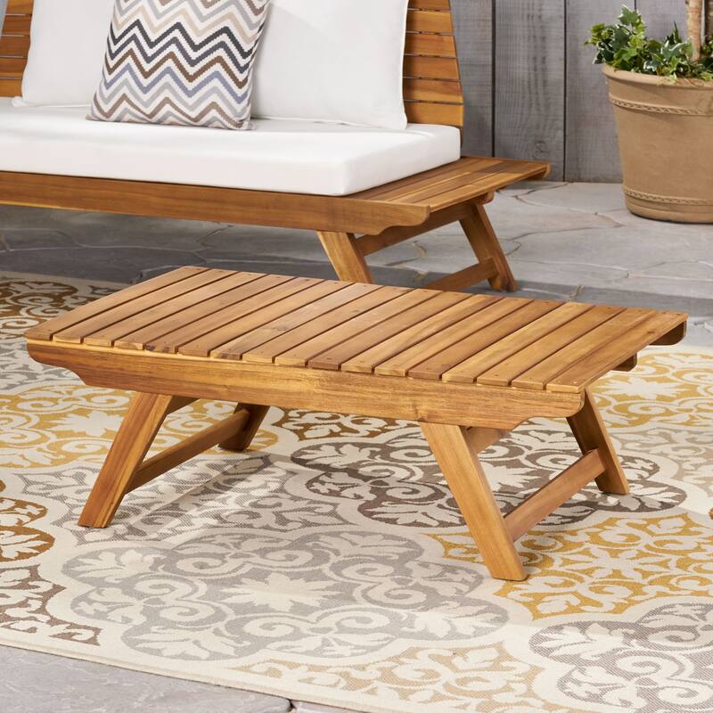 Roomfitters Outdoor Acacia Wood Coffee Table, Slatted Top with Angled Legs, Weather-Resistant Patio Accent, Teak