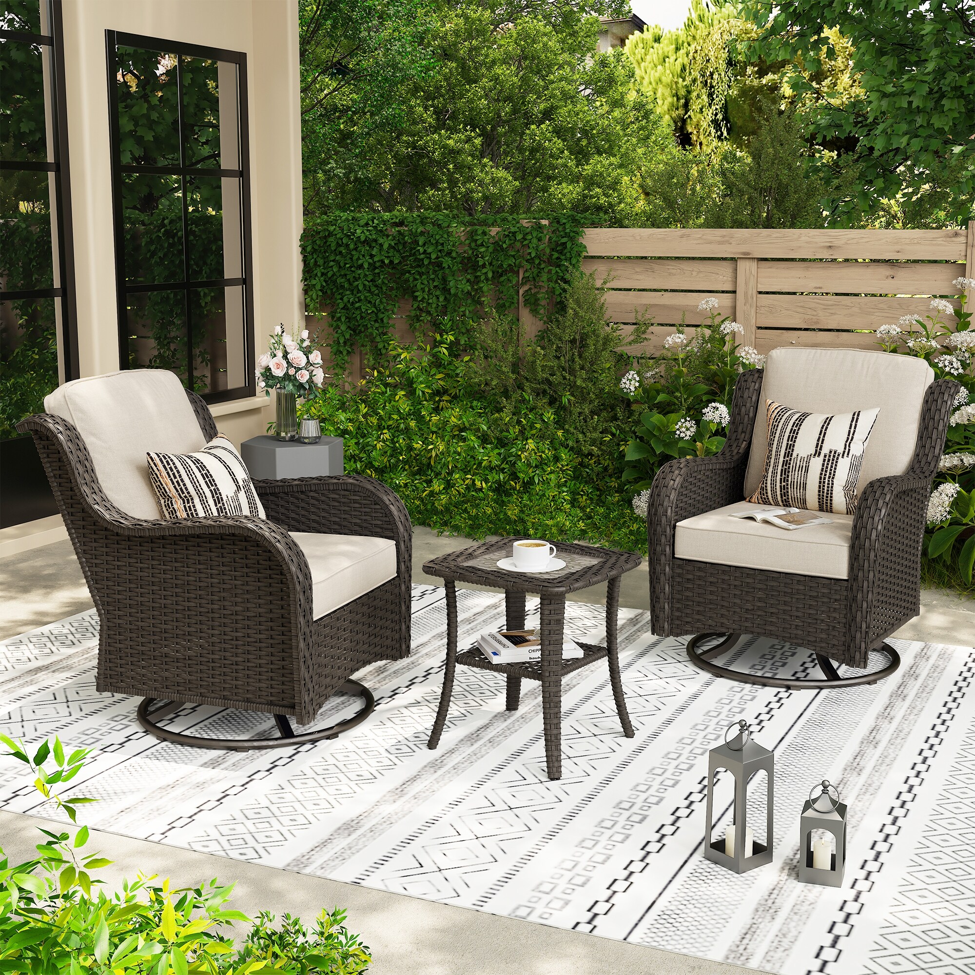 OVIOS 3-piece Patio Wicker Swivel Chair Set-image