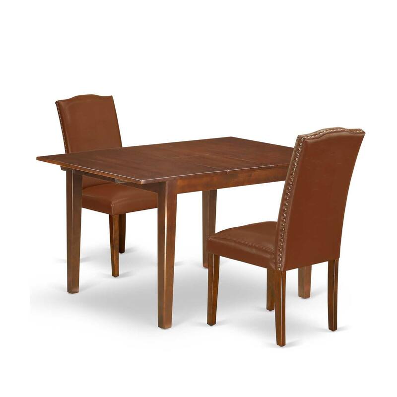 Rectangular Dining Table Set - 3pc Table w/ Butterfly Leaf & 2 Parsons Chairs - Brown Faux Leather