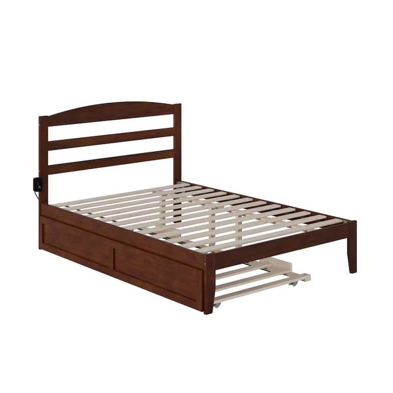 Full Bed with Trundle - Modern Platform Bed Frame, Low Profile, Walnut Finish, Space Saving Design