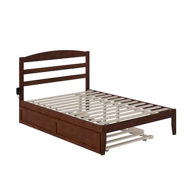Full Bed with Trundle - Modern Platform Bed Frame, Low Profile, Walnut Finish, Space Saving Design
