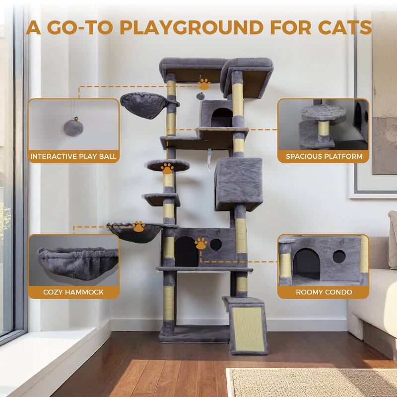 84.6 in Dark Gray Cat Tree Tower with Wide Base, 3 Large Hinding Condo, 11 Sisal Scratching Post, Sisal Scratching Ladder