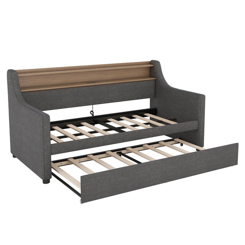Twin Size Upholstered Daybed with Trundle, Charging Station, LED Lights, and Storage Headboard, Gray