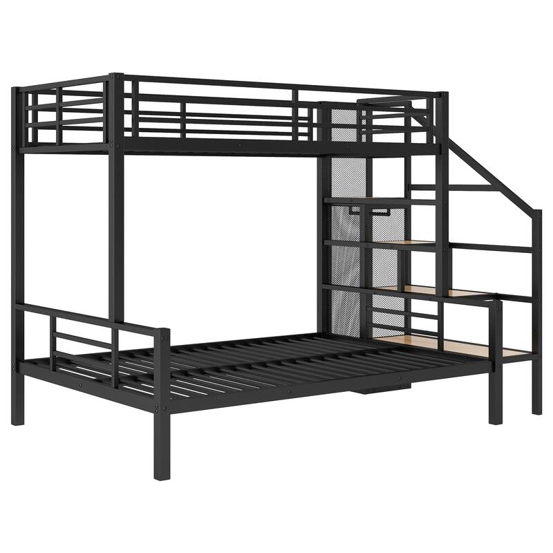 Twin over Full Metal Bunk Bed with Storage Stairs and Wardrobe, Black